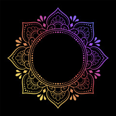 Color decorative panel with circular pattern in form of mandala with flower for decoration or print. Decorative ornament in ethnic oriental style. Rainbow design on black background.