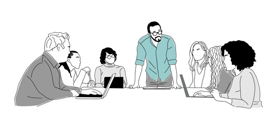 Business team members working together. Set of businessmen and businesswomen cartoon characters discussing, brainstorming. Vector simple outline hand drawn illustration Isolated