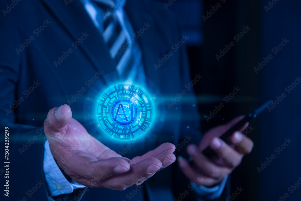Poster artificial intelligence (ai), man using technology ai, digital transformation technology strategy, i