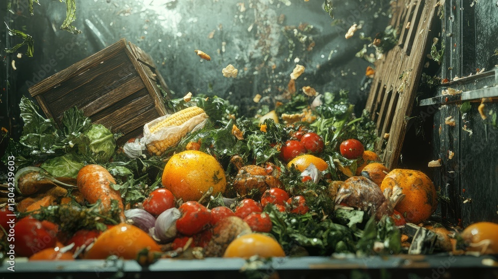 Poster freshly prepared food, still in perfect condition, discarded in a dumpster, rendered through generat