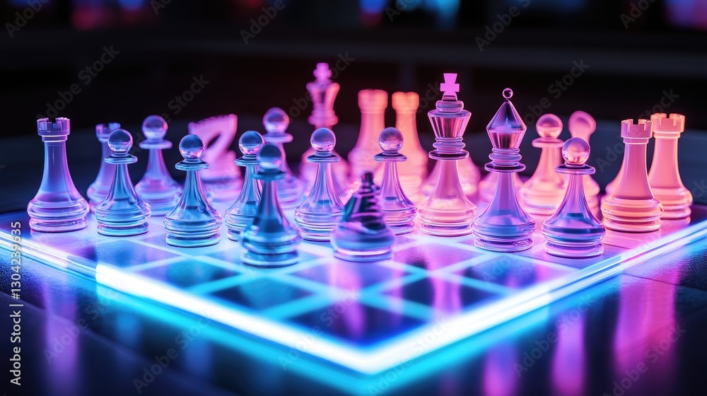 Poster futuristic chess pieces, illuminated and arranged on a sleek, modern chessboard, reflecting cutting-