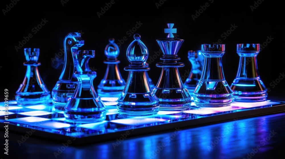 Aufkleber Futuristic chess pieces, illuminated and arranged on a sleek, modern chessboard, reflecting cutting-edge design and innovation in a game of strategy and intellect
