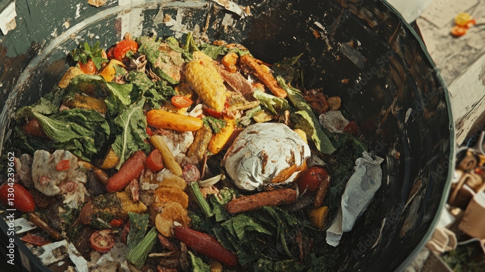 Poster freshly prepared food, still in perfect condition, discarded in a dumpster, rendered through generat