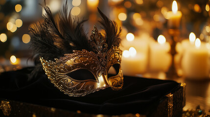 Elegant Black and Gold Masquerade Mask with Feathers and Candlelight
