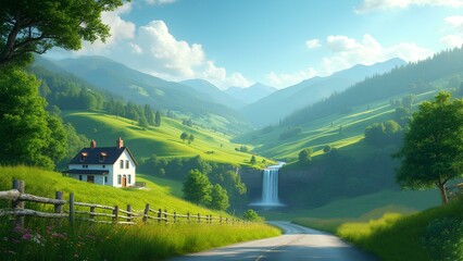 Scenic Countryside Landscape with Serene White Cottage, Lush Green Rolling Hills, Vibrant Wildflowers, Wooden Fence, Flowing Waterfall, Majestic Mountain View Under a Clear Blue Sky, Peaceful Rural Na