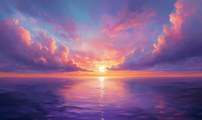 Naklejka premium The pink and purple sky over the sea, the sun sets on the horizon, the calm water reflects the colorful clouds in the distance