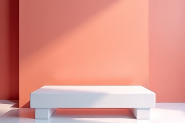 Minimalist White Display Platform Against Coral Background