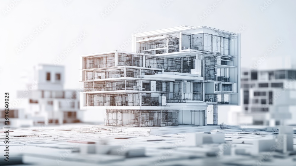 Poster Generative AI-powered architectural design process, featuring 3D models, blueprints, and digital renderings that visualize cutting-edge building structures and concepts