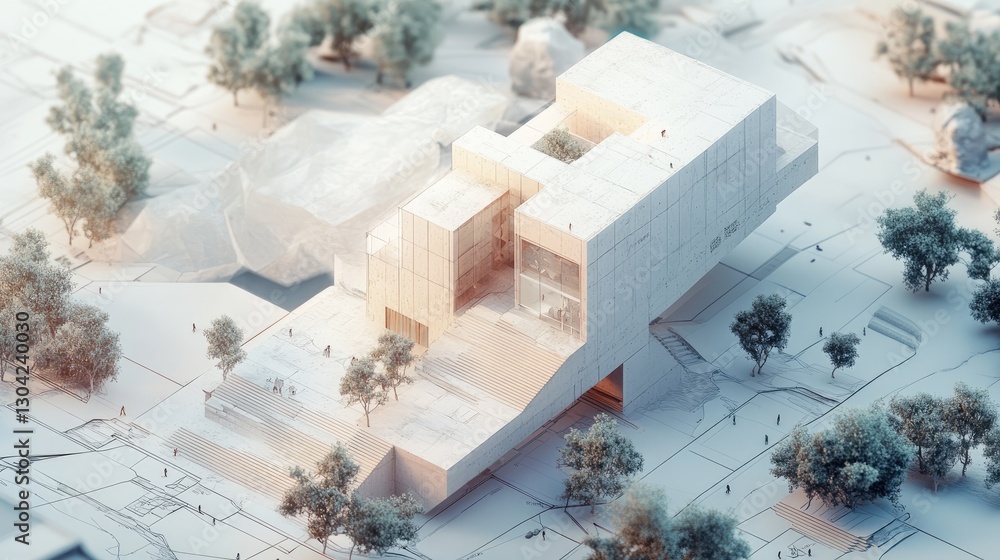 Fototapete Generative AI-powered architectural design process, featuring 3D models, blueprints, and digital renderings that visualize cutting-edge building structures and concepts