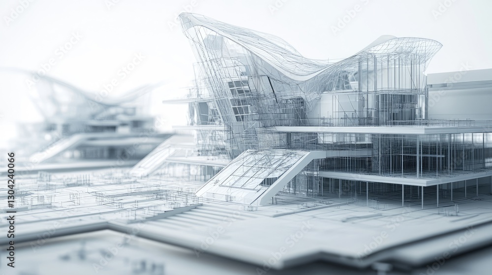 Poster Generative AI-powered architectural design process, featuring 3D models, blueprints, and digital renderings that visualize cutting-edge building structures and concepts