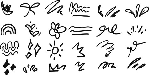 Kids line doodle scribble vector features scribble, stars, arrows, flowers, hearts, waves, spirals, rainbow, sun sets