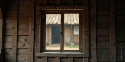 Rustic Wooden Window with Intricate Carving Offering a Glimpse into a Serene Exterior