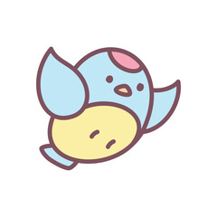 Cute bird icon. Hand drawn illustration of a flying blue bird isolated on a white background. Kawaii spring sticker. Vector 10 EPS.