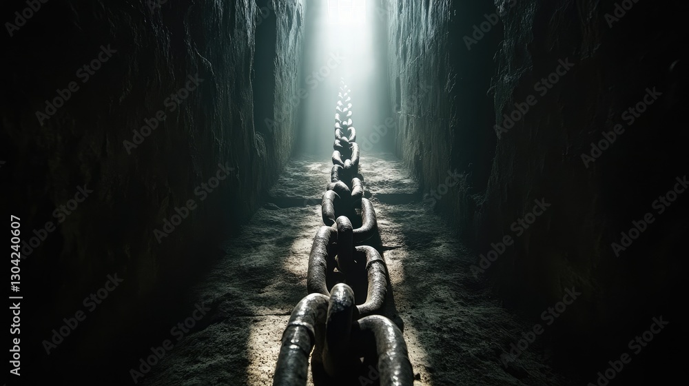 Poster in a dimly lit dungeon, chains stretch toward a shaft of light, creating a dramatic representation o