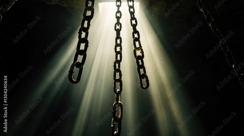 Poster in a dimly lit dungeon, chains stretch toward a shaft of light, creating a dramatic representation o