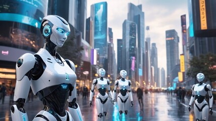 AI humanoid robot in a futuristic smart city