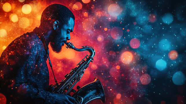 Close-up of jazz saxophonist with eyes closed, expressing passion and concentration during performance. International Jazz Day, World Jazz Festival. Banner, copy space