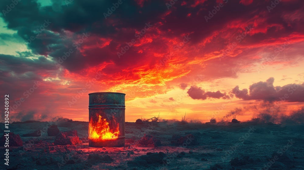 Poster in a stark wasteland, a barrel glows with flames, casting light against a vivid, colorful sky, symbo