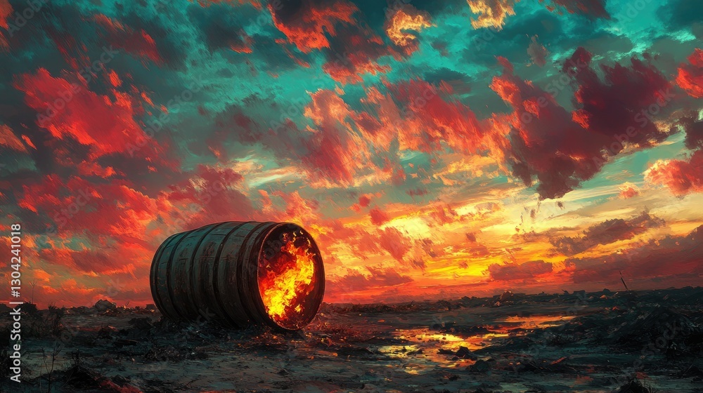 Poster in a stark wasteland, a barrel glows with flames, casting light against a vivid, colorful sky, symbo