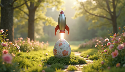 Rocket Launching from a Festive Egg for a Unique Holiday Celebration Theme - Creative Easter Concept
