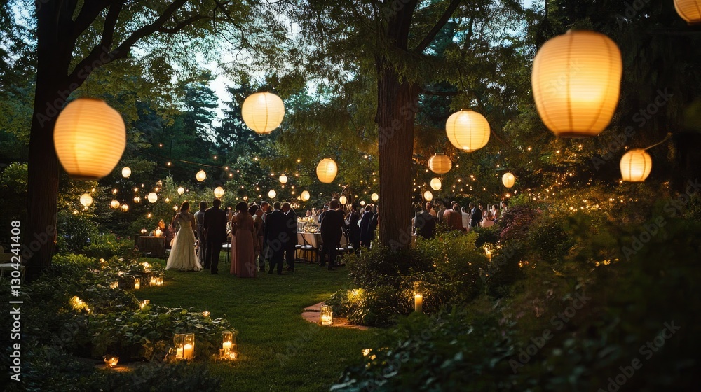 Poster Lanterns softly light up an elegant garden party at twilight, where guests mingle in a serene and picturesque setting, evoking a magical atmosphere of celebration and style