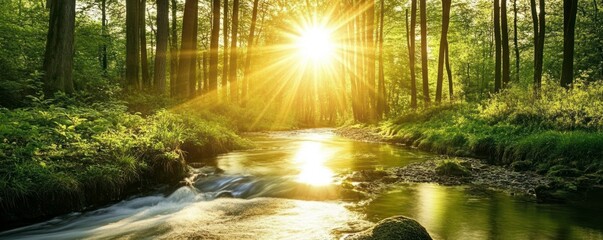 Obraz premium The sun shines through the trees, illuminating an ancient forest with a stream flowing by. The water reflects the light and sunlight in a peaceful scene