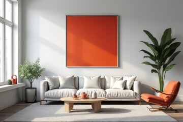 Modern Living Room Design with Orange Accent Wall Art and Cozy Furniture