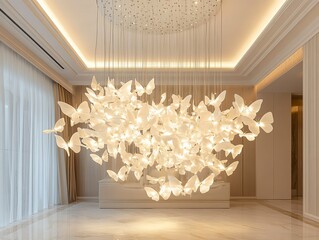 A luxurious chandelier made of butterflyshaped lights, the delicate invertebrates casting a soft, shimmering glow in an elegant, highceilinged room