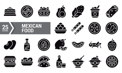 25 Black Glyph Icons for Mexican Food Design.