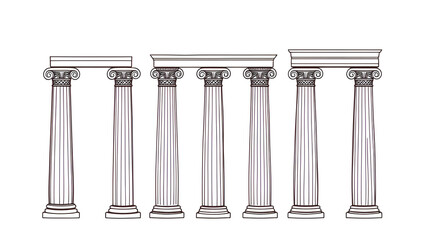 Ancient line columns. Antique doodle style roman architecture pillars with decorative elements, outline greek columns. Vector collection. Creative arch design isolated set. Old classical objects