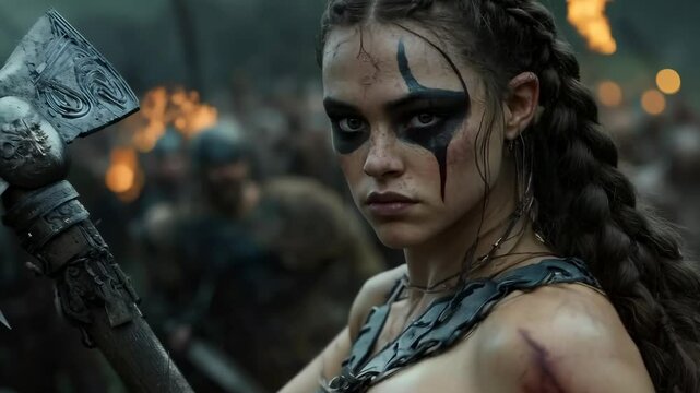 The powerful stare of a Viking female fighter: bold look, warrior essence, fearless soul, Nordic pride, sharp focus, fierce heart, strong will, battle readiness, fierce determination, intense gaze.