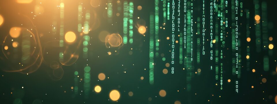 Digital binary code glows on a green technology-inspired abstract background.
