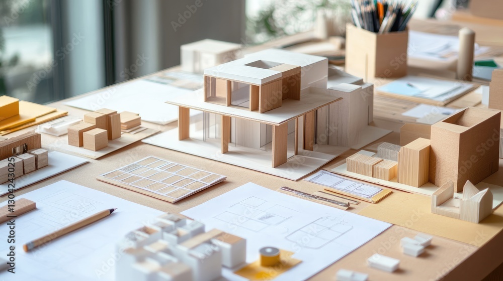 Poster the design and creative process of an architect, with planning tools, architectural models, and sket