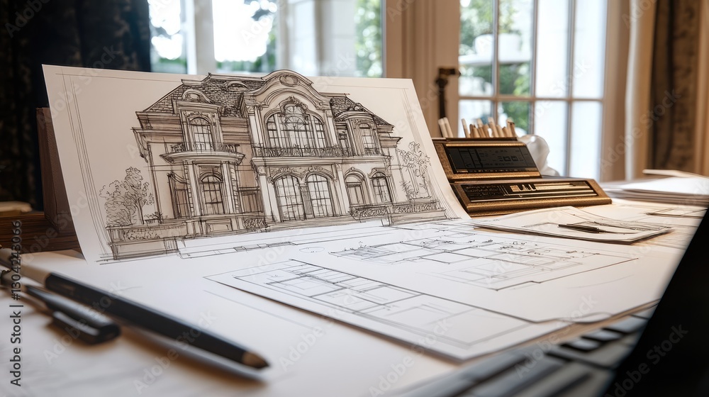 Poster the design process of a luxury villa, with sketches, blueprints, and planning software displayed on 