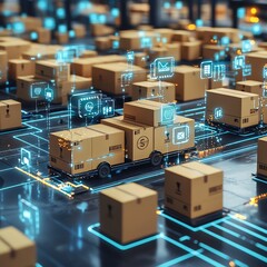 A global logistics network scene featuring cardboard boxes being sorted and shipped by air, sea, and land, with digital elements representing international supply chain connections