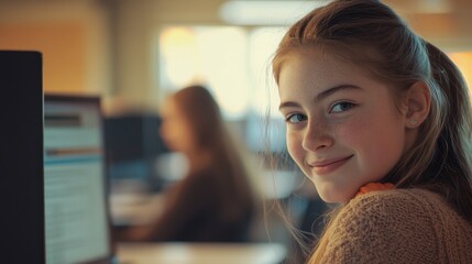 Young student engaged in e learning during computer class in a classroom setting
