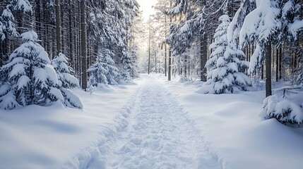 Fototapeta premium Snowy winter path through a pine forest, sunlight filtering through trees