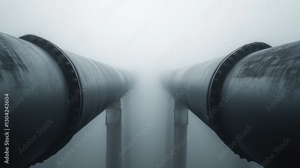 Poster The misty fog swirls around a symmetrical pair of pipes, emphasizing the contrast between hard industrial structures and the ephemeral, otherworldly qualities of the environment