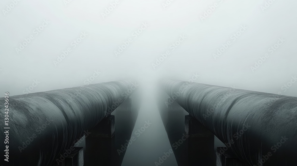Poster the misty fog swirls around a symmetrical pair of pipes, emphasizing the contrast between hard indus