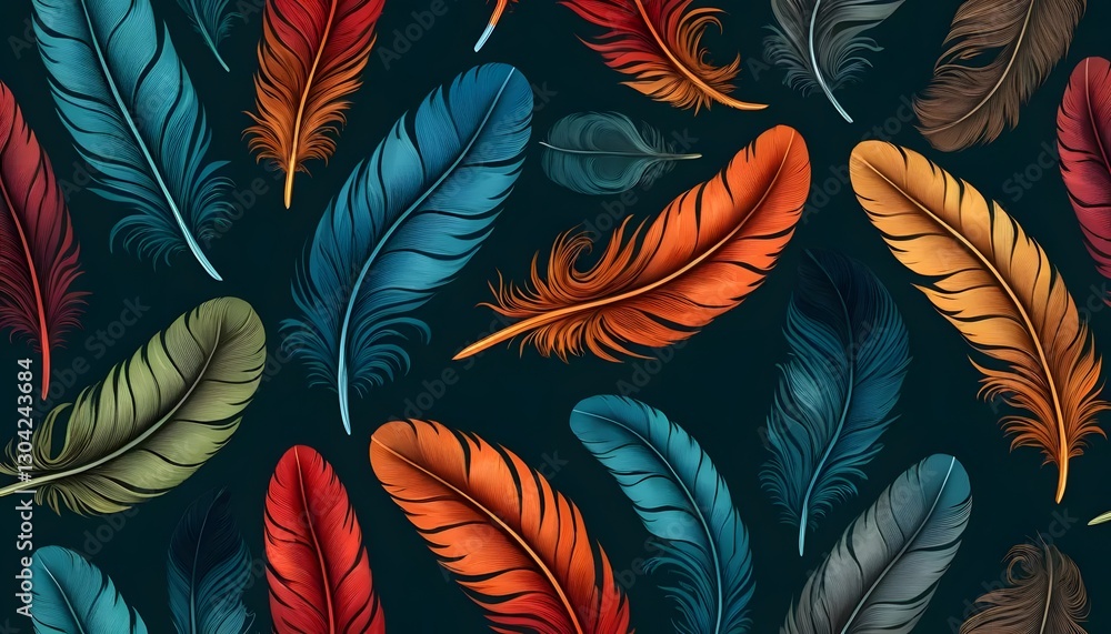 Poster feathers seamless background | elegant feather pattern | vibrant hand-drawn feathers | colorful boho