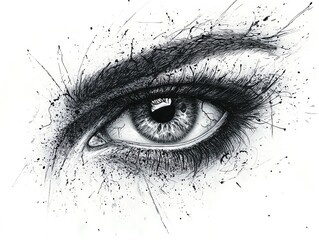 A stunning ink drawing of an eye, surrounded by fine linework, emphasizing its depth with dramatic contrast and shading, creating a bold and emotional effect