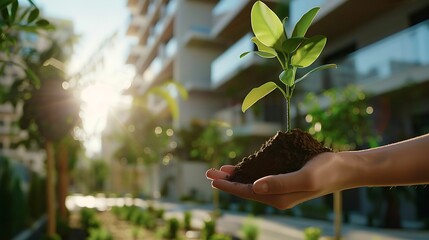 Abstract concept of sustainability with a hand holding a handful of rich soil, gently placing a small sapling into it, showcasing environmental care, 8k UHD, suitable for high-quality printing 