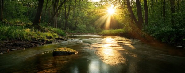 The sun shines through the trees, illuminating an ancient forest with a stream flowing by. The water reflects the light and sunlight in a peaceful scene