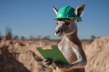 Gordijnen Kangaroo wearing a green construction helmet and holding a clipboard, overseeing work at a construction site © Volodymyr