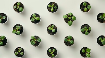 Flat-lay top view of multiple potted plants with moist soil, arranged in an aesthetically pleasing pattern against a plain white background, 8k UHD, suitable for high-quality printing or digital 