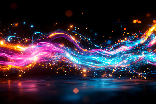 Electrified pastel light trails swirl and intersect, creating abstract 80s-inspired glowing squiggles and shapes in a dynamic retro aesthetic