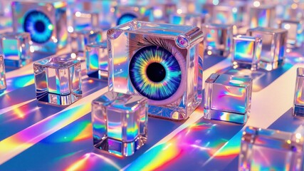 Fototapeta premium A colorful cube with a rainbow colored eye is surrounded by other cubes