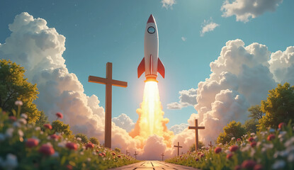 Rocket Launching with a Cross Beside It for a Unique Holiday Celebration Theme - Powerful Easter Symbolism