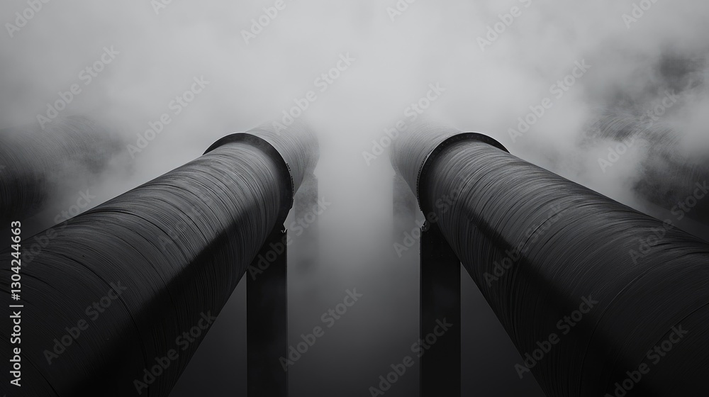 Poster two large pipes rise out of the mist and steam, their symmetrical design capturing the striking inte