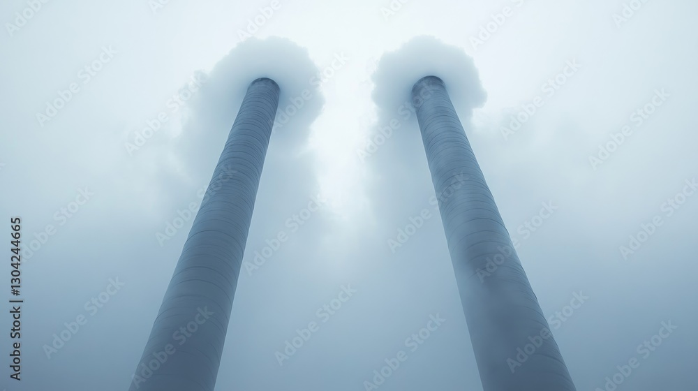 Poster two large pipes rise out of the mist and steam, their symmetrical design capturing the striking inte